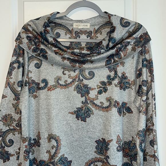 Cactus + Pearl Floral Paisley Cowl Neck Tunic Sweater - Picture 2 of 8